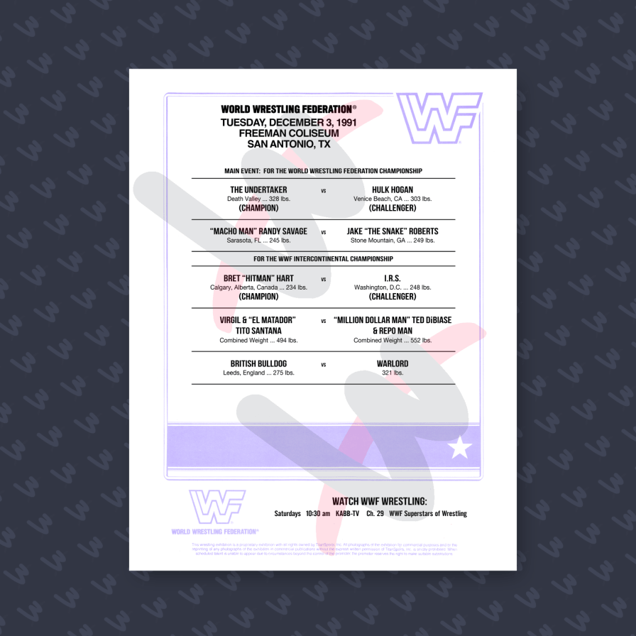 Custom/Personalized Custom Wrestling Event Line-up Match Card Sheet