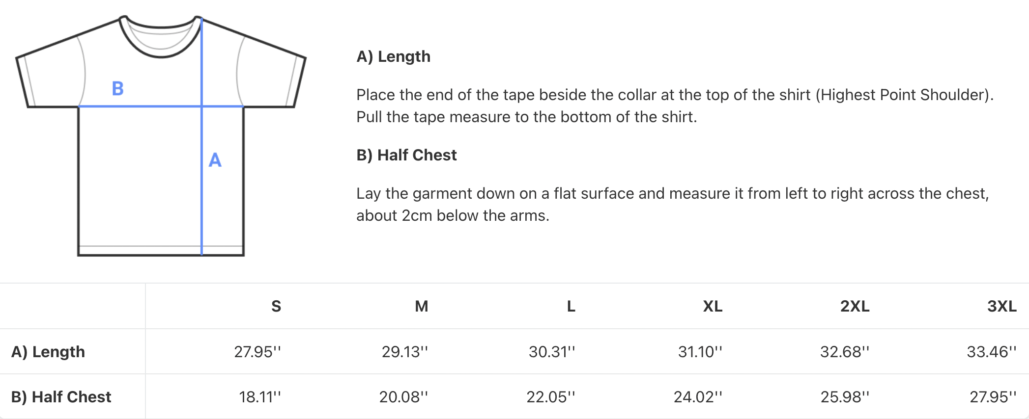 Tshirt Size Guide Specifications